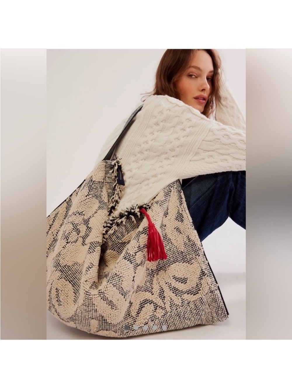 Free People Miramar Carryall Boho Woven Beige & Black Shoulder Bag w/ Red Tassel